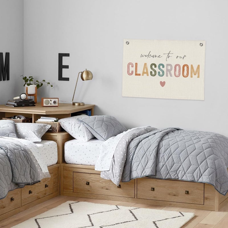 PLKMN Boho Classroom Decor Door Essentials, Welcome To Our Classroom Linen Canvas Banner Wall Hanging Flag, Boho Welcome Sign 20x30 Inch - Image 2